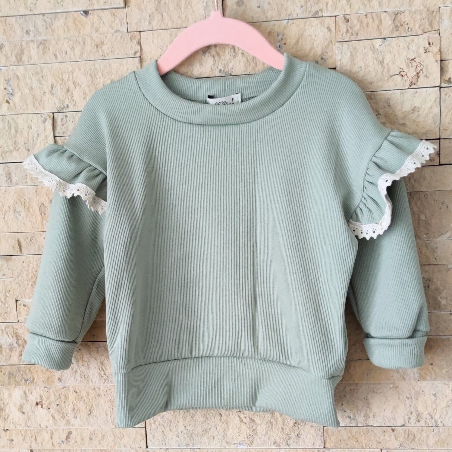 Rib Jersey Pullover mit Volant - Salbeigrün