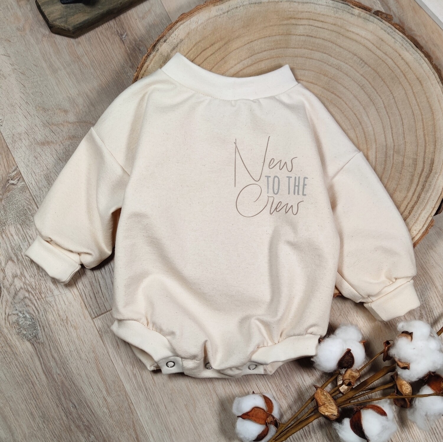 (Sofortkauf) Oversized Langarm Romper - French Terry Beige Natur mit Bügelbild - Gr. 50/56