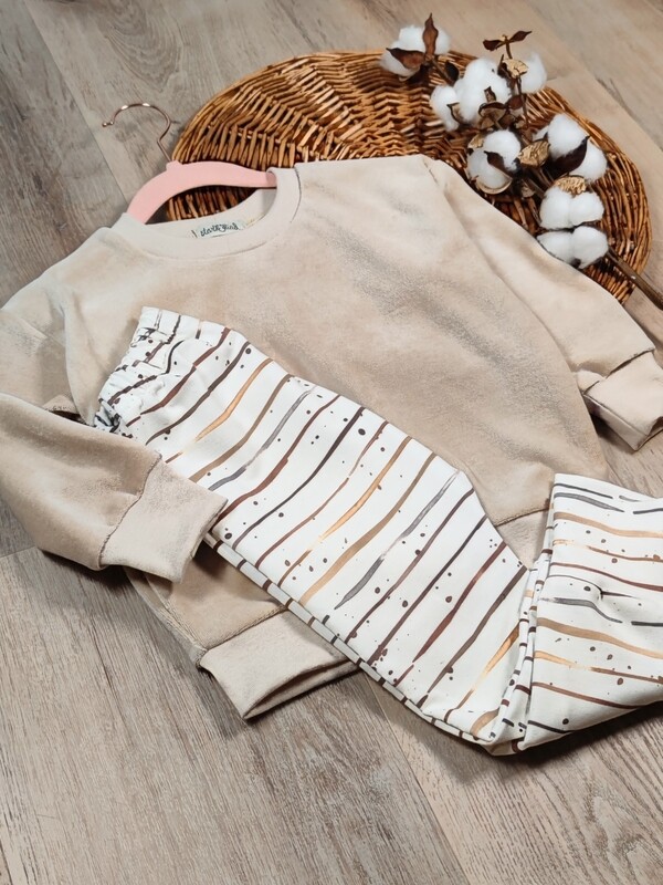 Set: Nicki Pullover Hellbeige & French Terry Hose Beige Stripes 