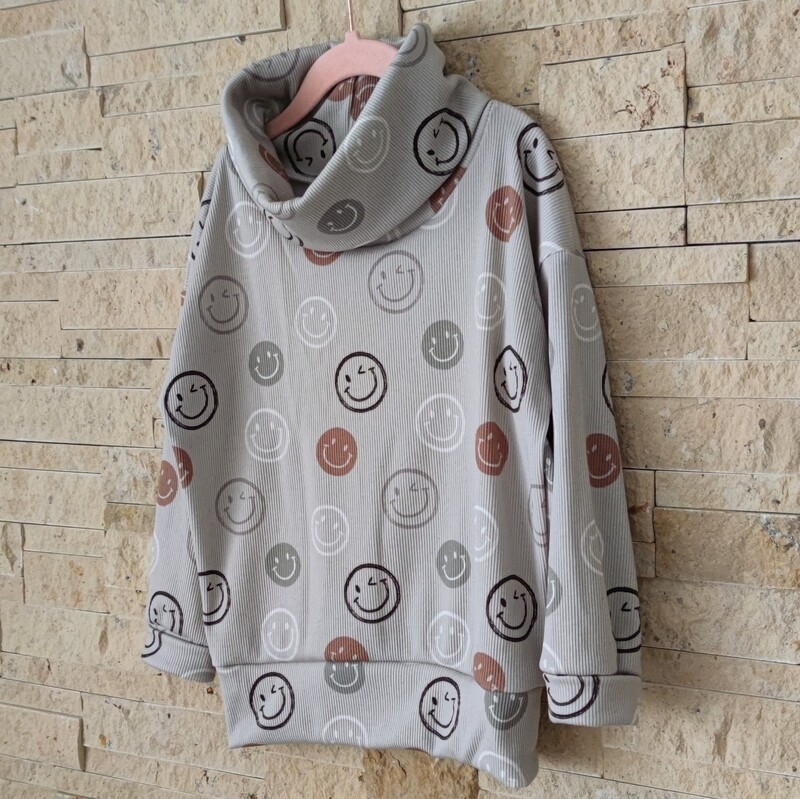 Oversized Rollkragen Pullover - Rib Smiley Grau 
