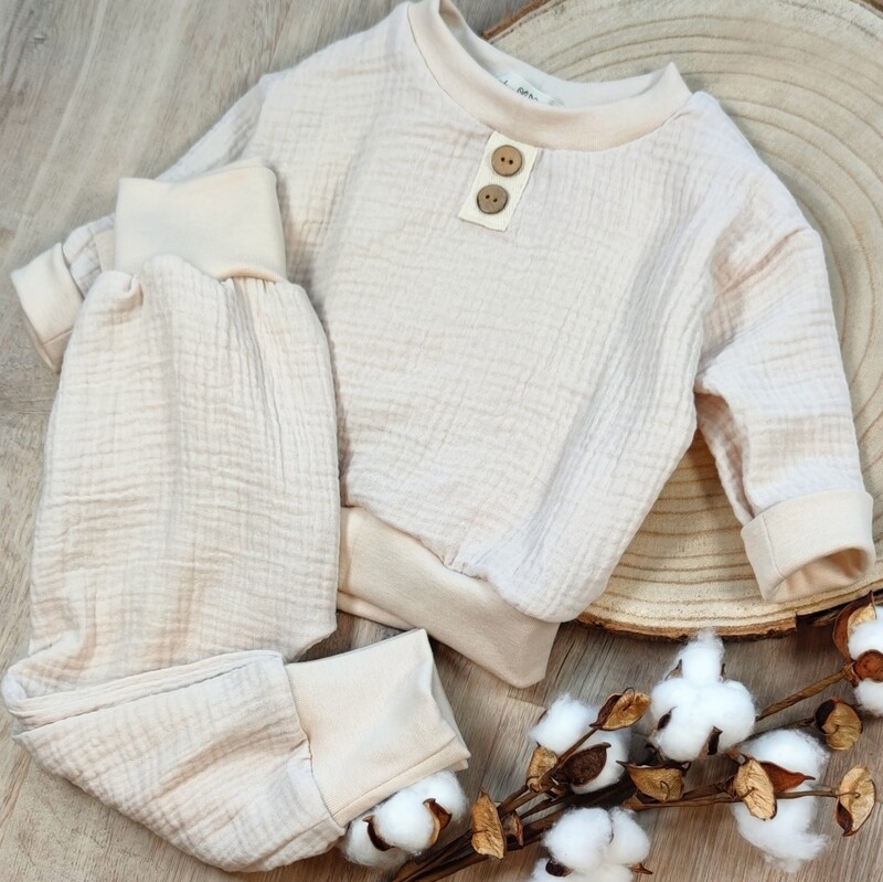 Set: Musselin Longsleeve & Hose in Hellbeige
