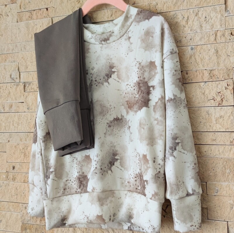Set: Rib Jersey Pullover Splashes Taupe & Hose French Terry Taupe