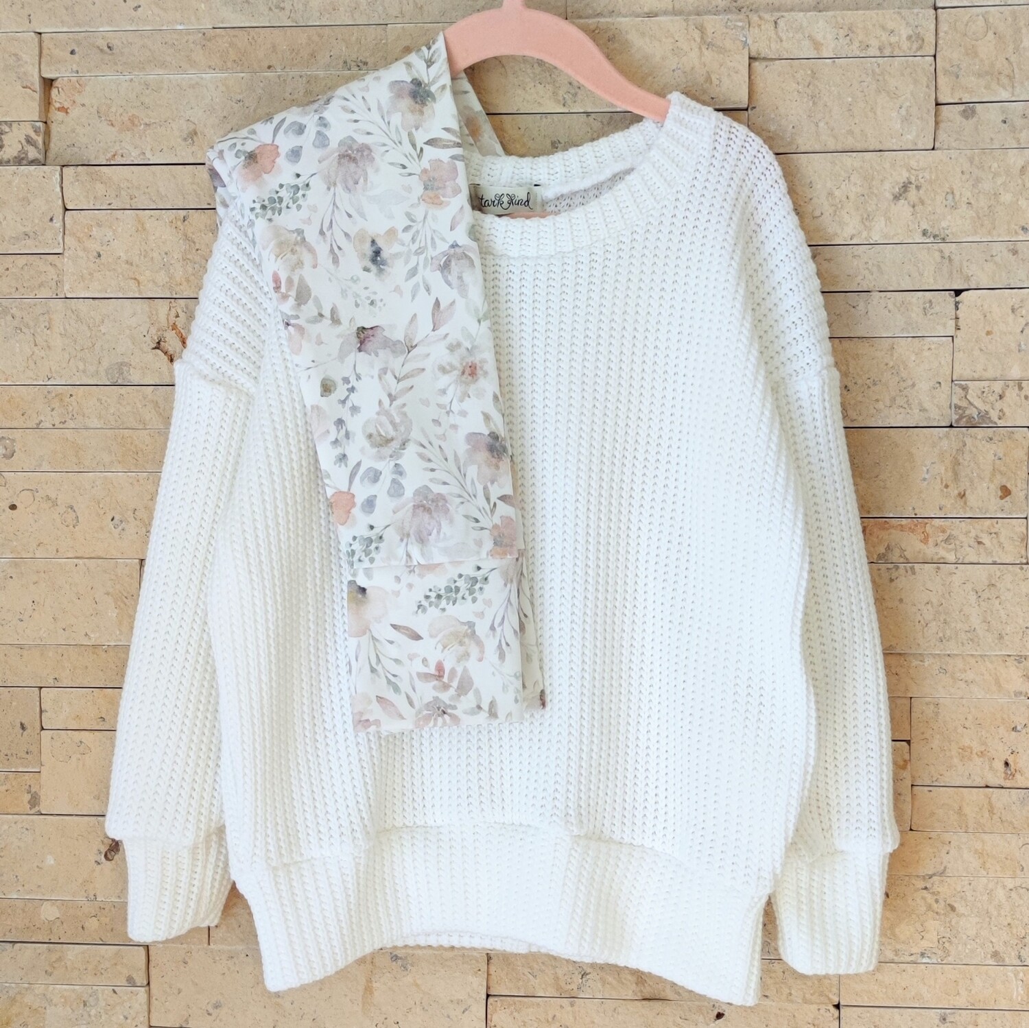 Set: Grobstrick Pulli Off-White & Hose Wasserblumen 