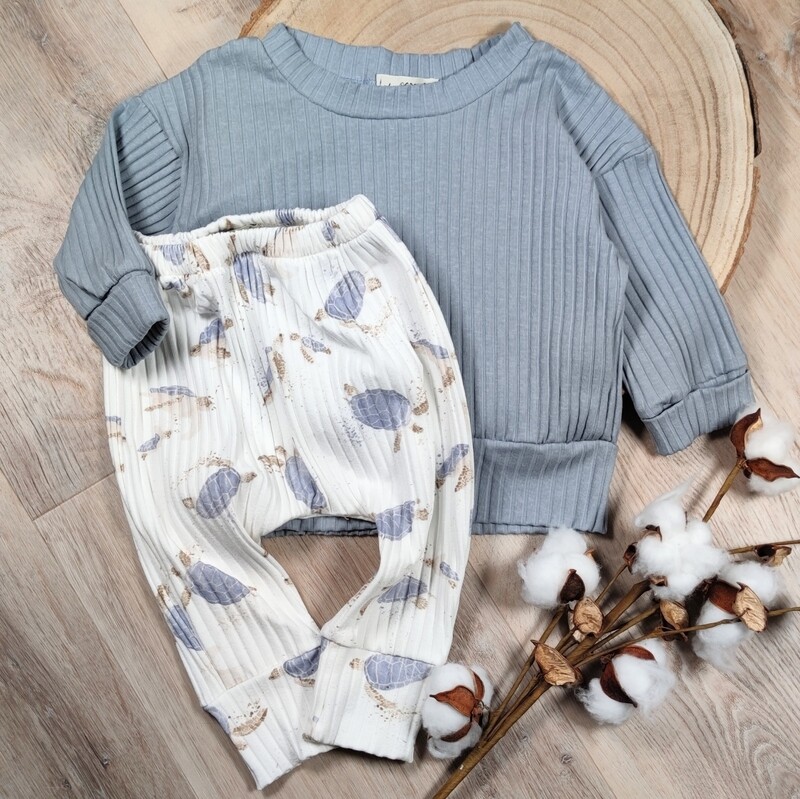 Set: Breit-Rib Pullover Blau Grau & Breit-Rib Hose Schildkröte Blau