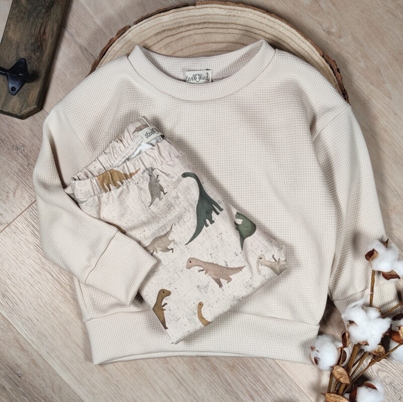 Set: Waffelstrick Pullover Natur & Jersey Hose Dinos