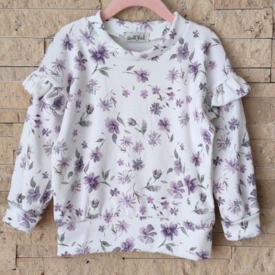 Rib Jersey Pullover mit Volant - Aquarell Flowers Mauve 