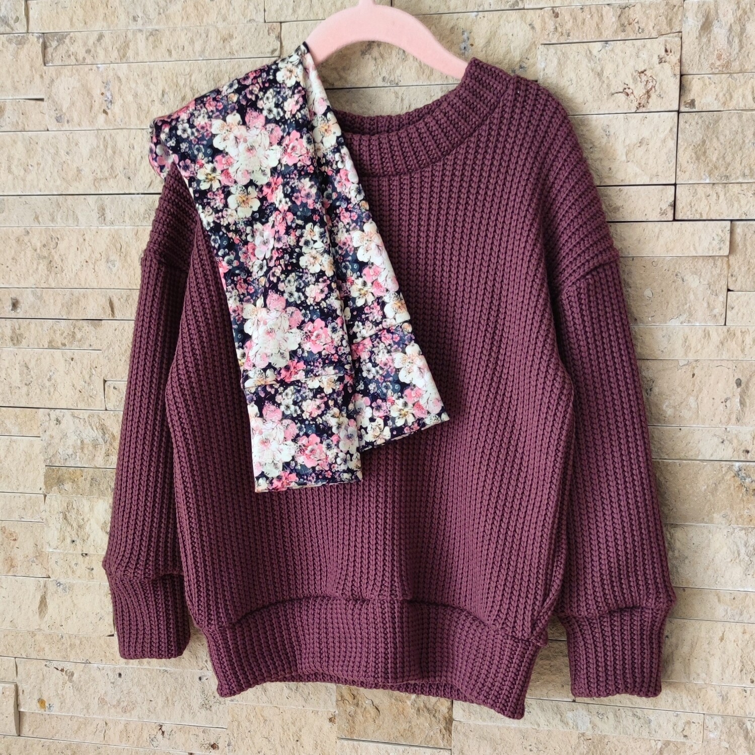 Set: Grobstrick Pulli Mauve & Hose Blumenmeer Blau