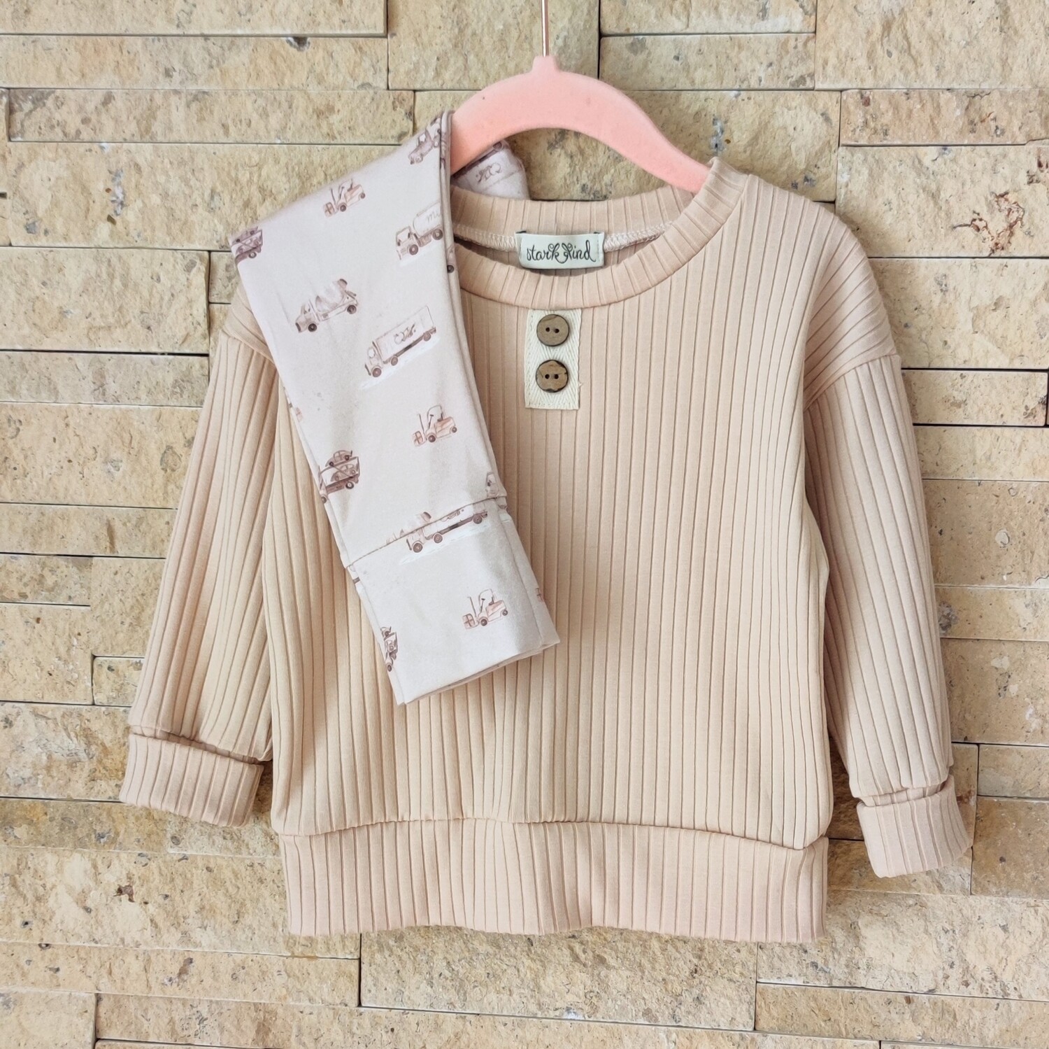 Set: Breit-Rib Jersey Pullover Nude Beige & Hose Jersey Laster Beige