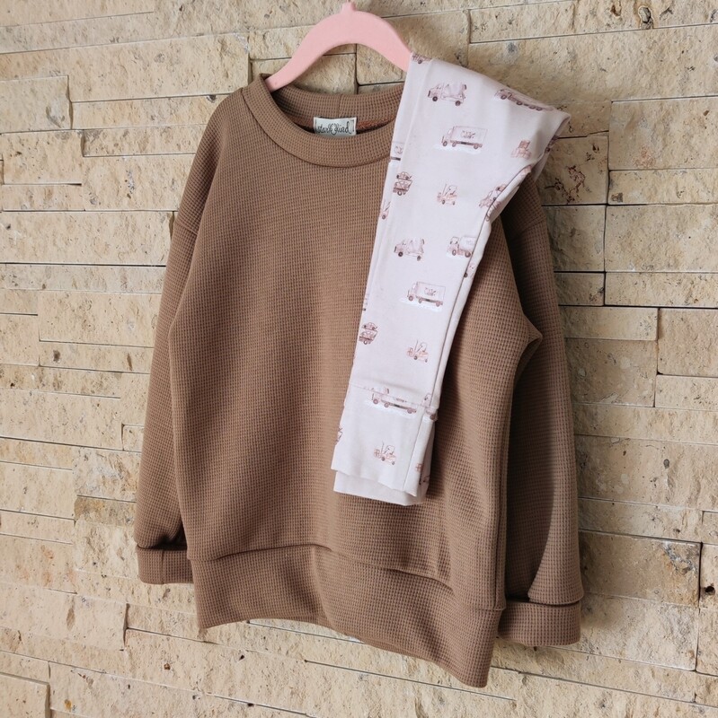 Set: Waffelstrick Pullover Kakao & Hose Kleine Laster Beige
