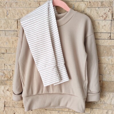 Set: Rib Jersey Pullover Hell-Beige & Hose Steifen Beige Set: Rib Jersey Pullover Hell-Beige & Hose Steifen Beige