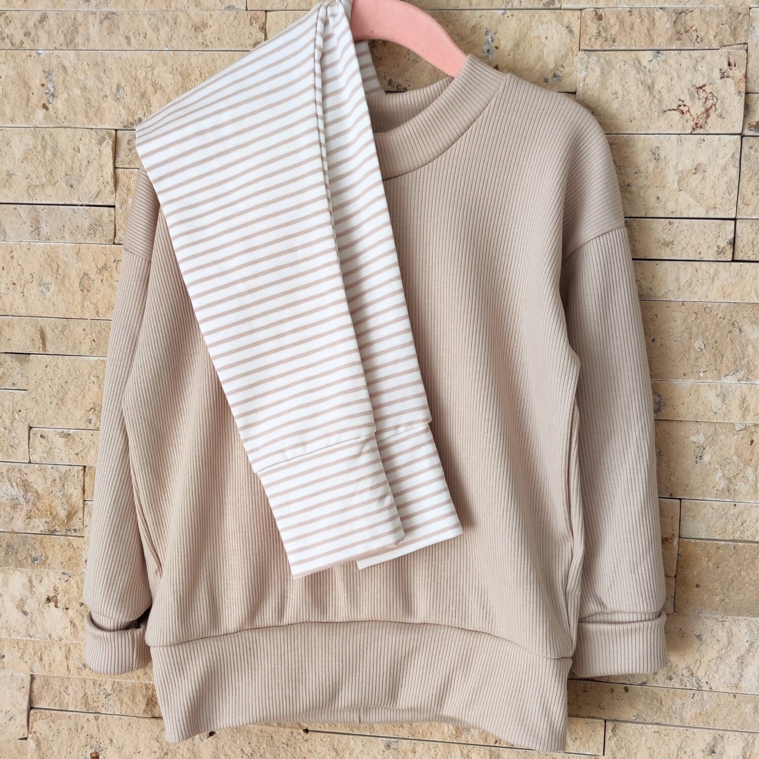 Set: Rib Jersey Pullover Hell-Beige & Hose Steifen Beige