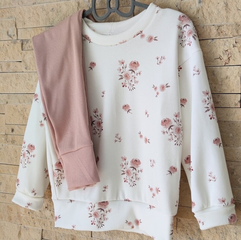 Set: Rib Jersey Pullover kleine Rosen & Hose Rib nude Rosa