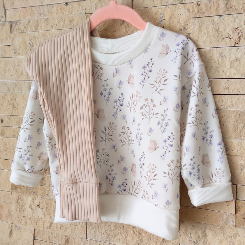 Set: Pullover kleiner Schmetterling & Hose Breit Rib nude beige