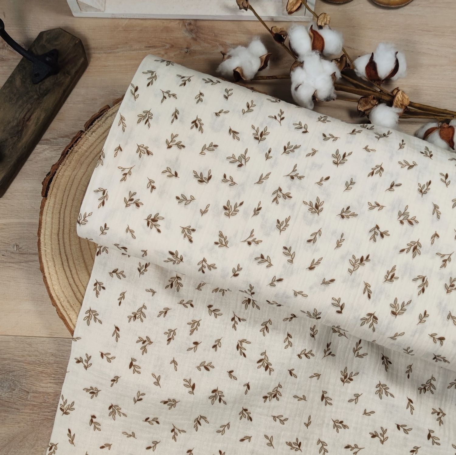 Bluse - Musselin Olivenzweige Beige
