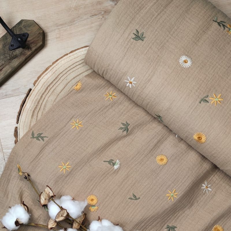 T-Shirt Musselin - Sonnenblumen Dunkelbeige gestickt 