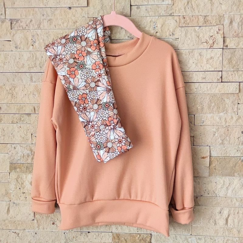 Set: Rib Jersey Pullover Pfirsich & Hose Retro Flowers Pastell 