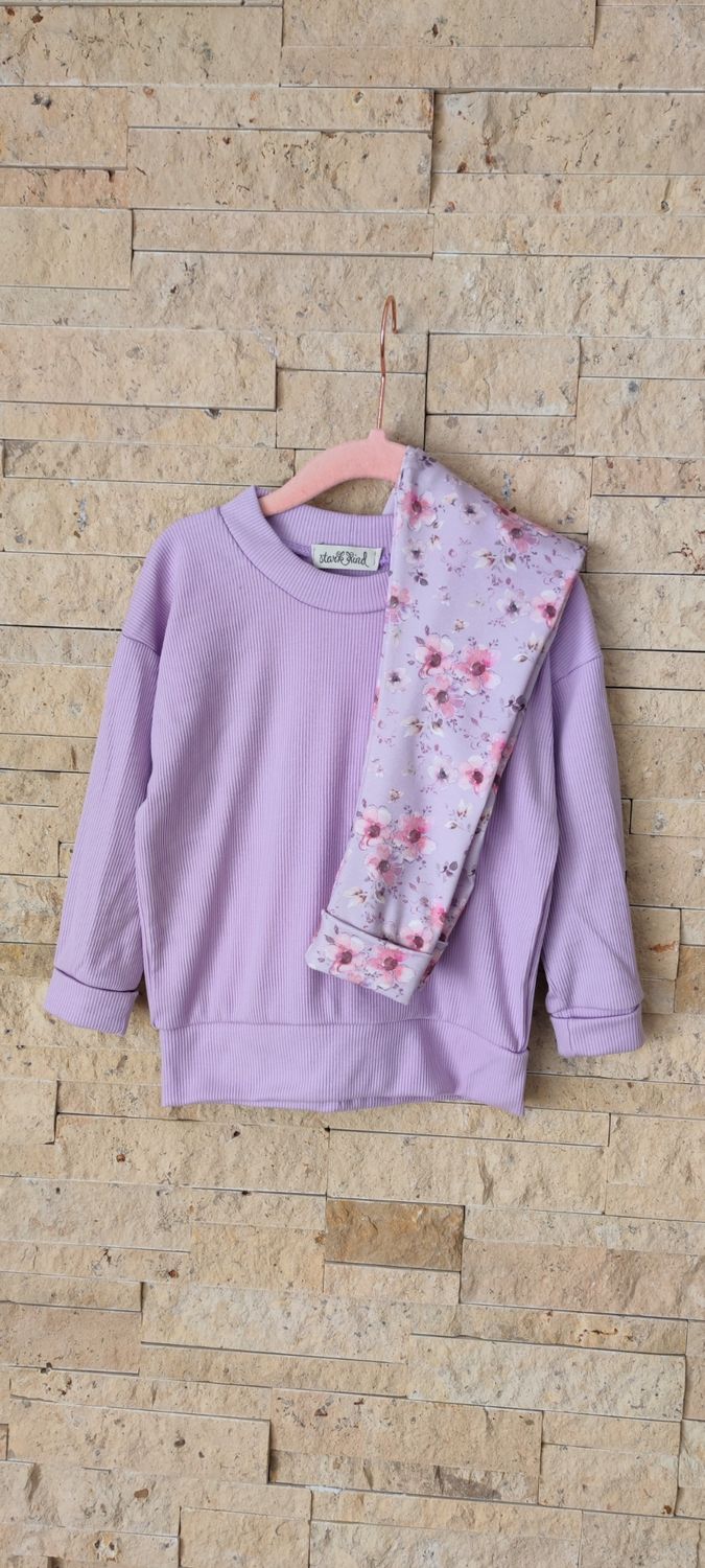 Set: Rib Jersey Pullover Flieder & Hose Blumen Flieder