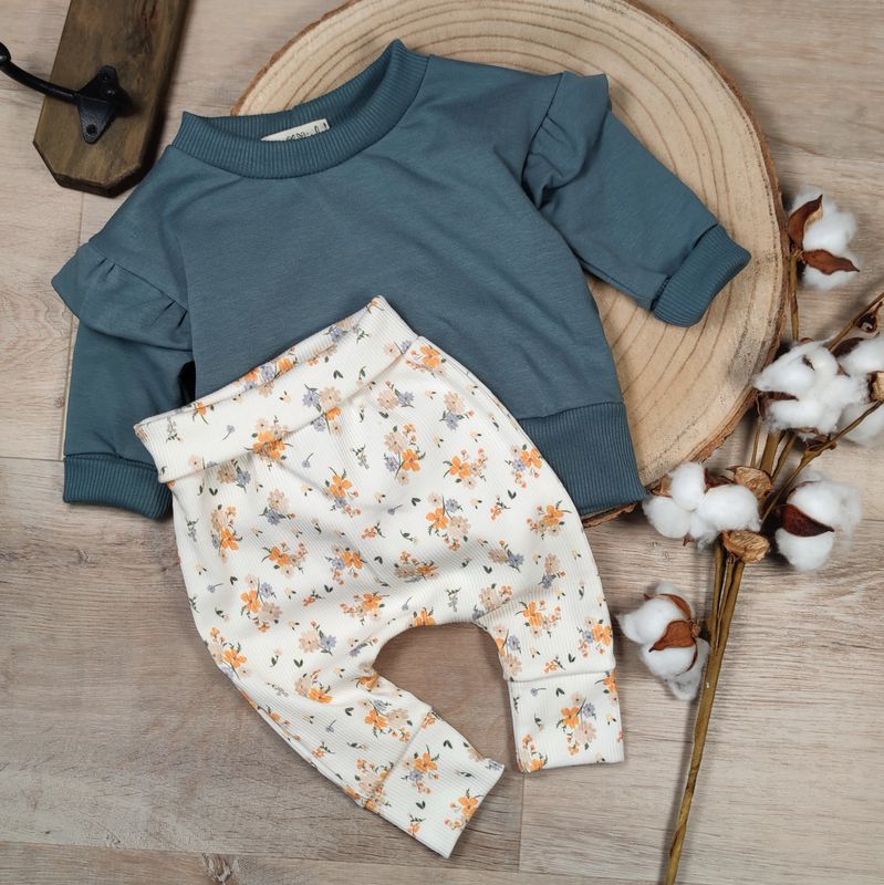 Set: Soft Sweat Pullover Stahlblau & Rib Jersey Hose Boho Flowers Orange 