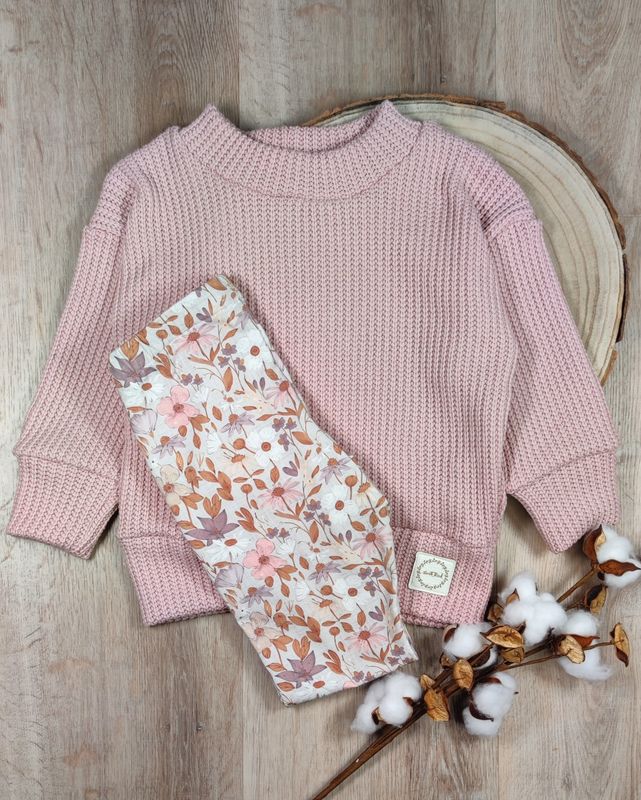 Set: Grobstrick Pulli Rosa & Hose Vintage Flowers Mauve