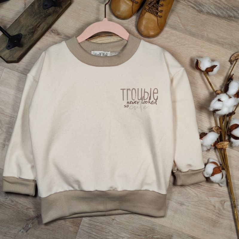 (Sofortkauf) Pullover - French Terry Natur mit Bügelbild Trouble - Gr. 86/92