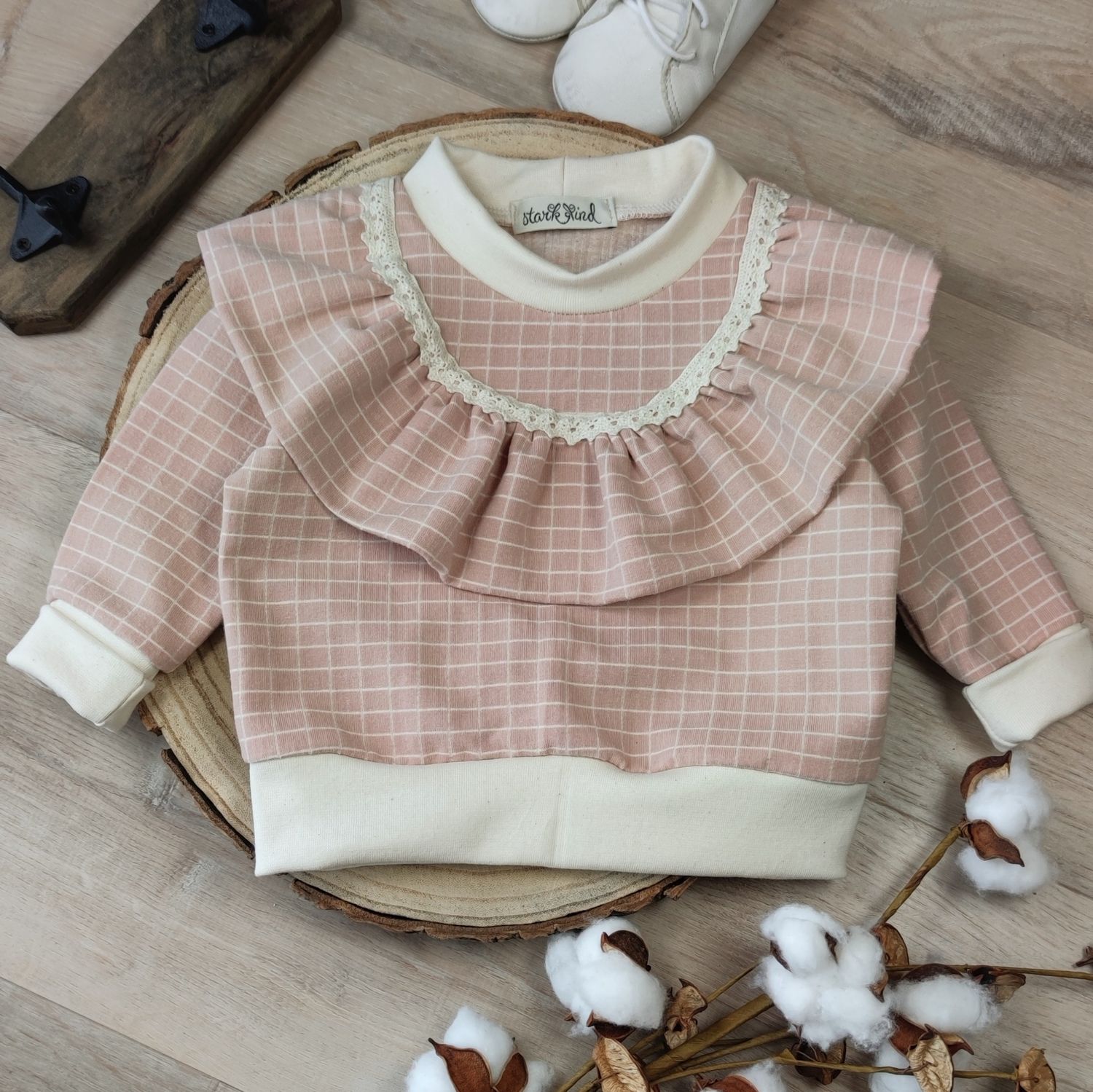 Jersey Pullover mit Rüsche - Karo altrosa