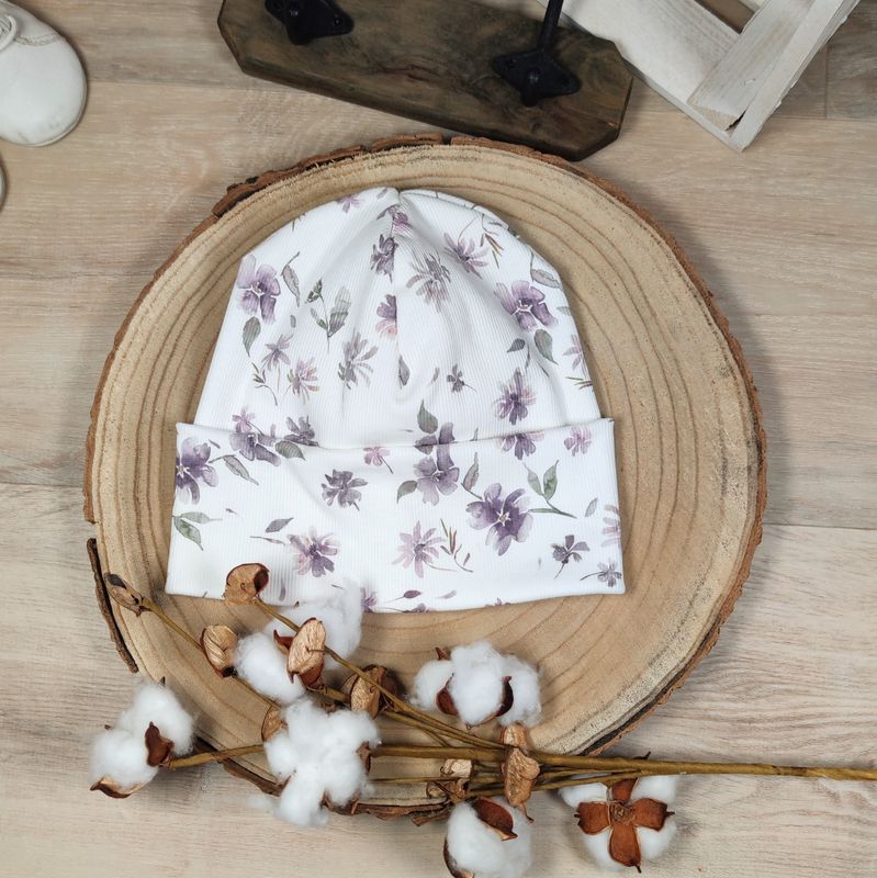(Sofortkauf) Rib Mütze - Aquarell Flowers Mauve - Größe 48-50 cm