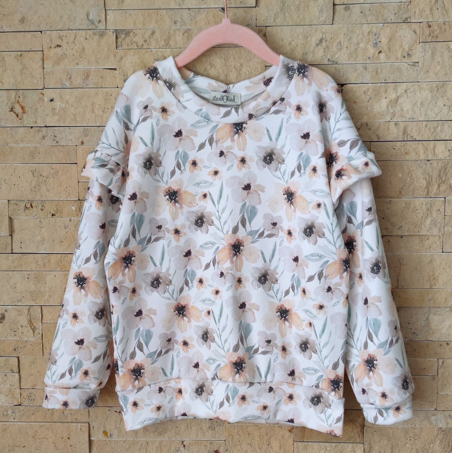 Rib Jersey Pullover mit Volant - Aquarellblumen Pfirsich 