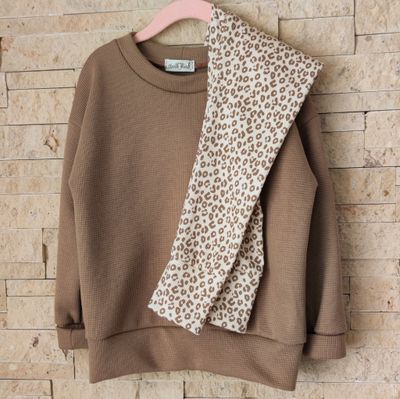 Set: Waffelstrick Pullover Kakao & Rib Hose Leo Beige 
