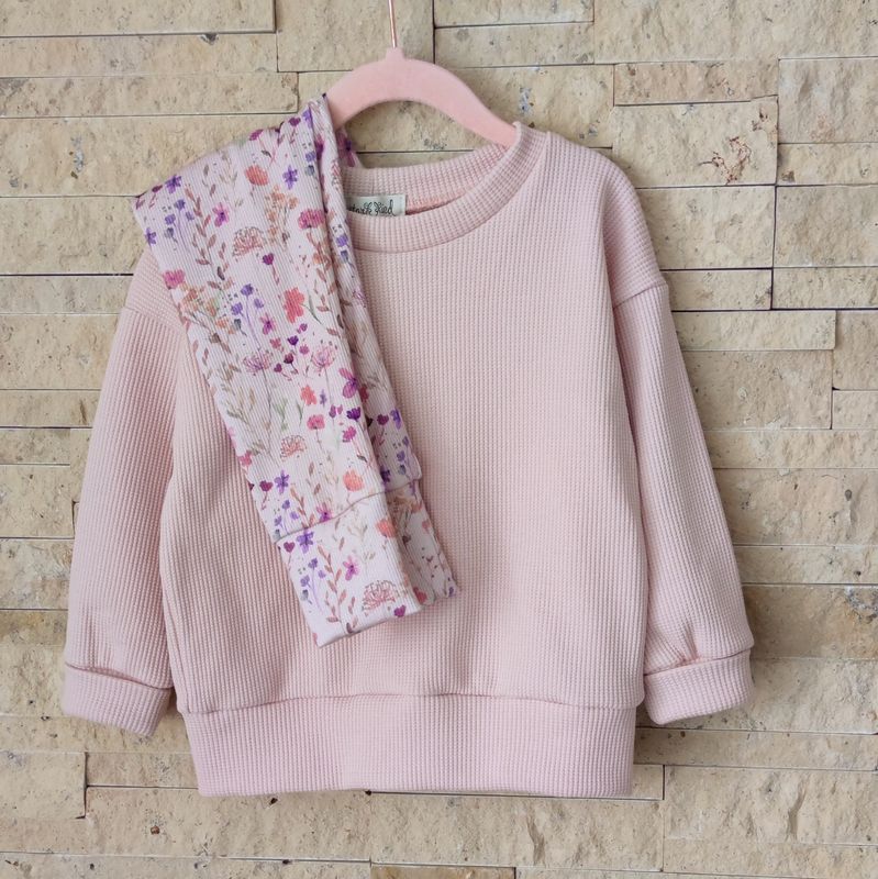 Set: Waffeljersey Pullover Nude Rosa & Rib Hose Wild Flowers Mauve