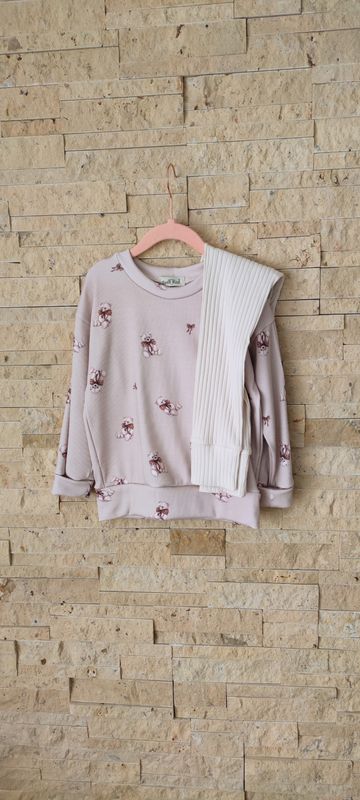 Set: Rib Jersey Pullover Teddy Schleife & Breit-Rib Hose Ecru