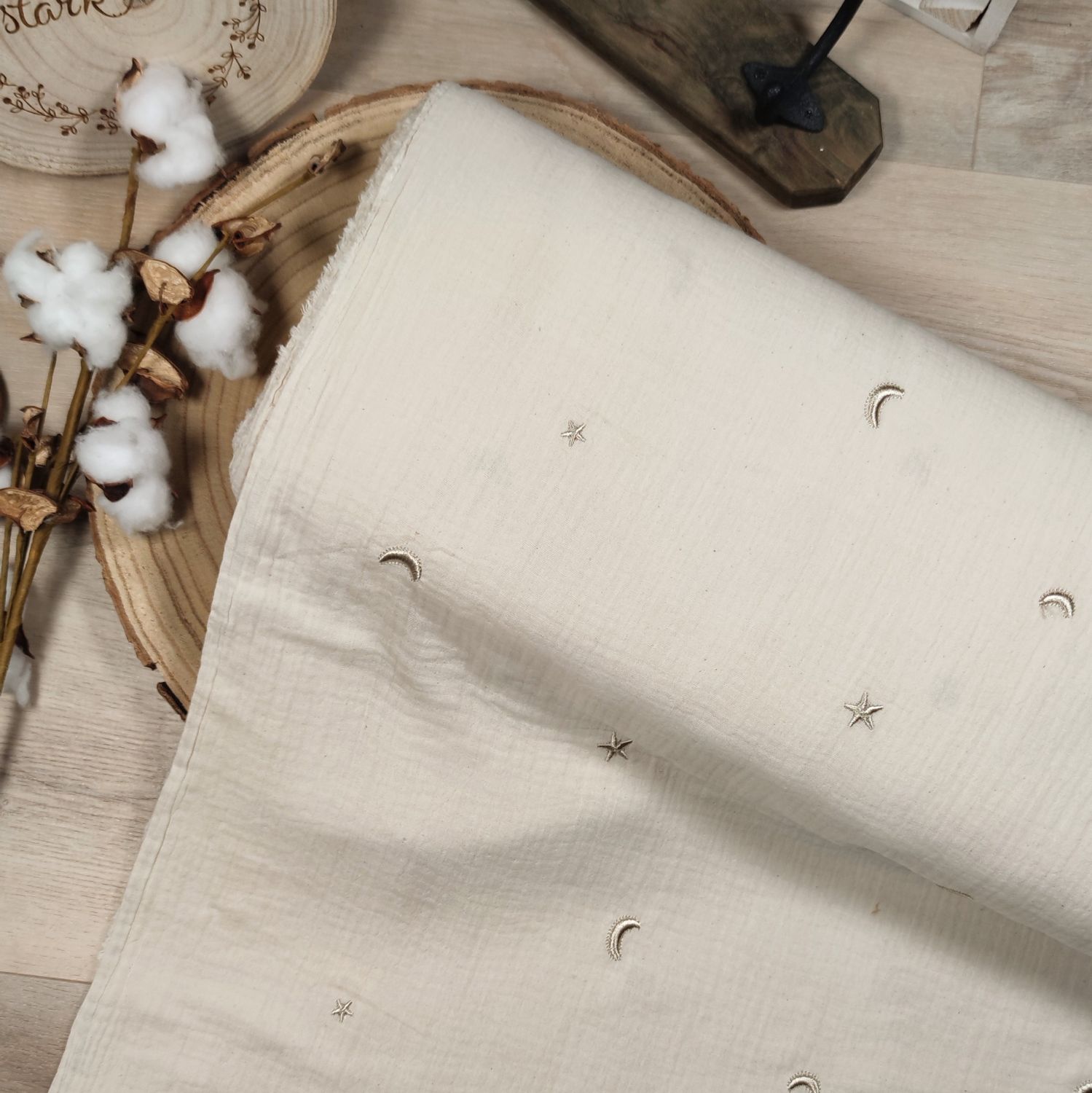 Bluse - Musselin Natur Mond Sterne gestickt 