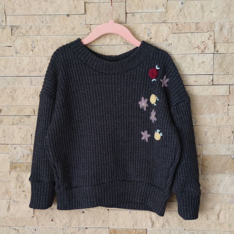 (Sofortkauf) Oversized Grobstrick Pullover - Anthrazit meliert mit Hand Stickerei - Gr. 86/92