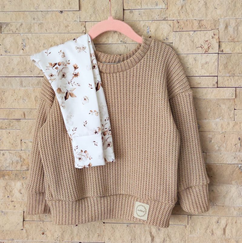 Set: Grobstrick Pulli warmes Beige & Hose Jasmine Blüten Beige 