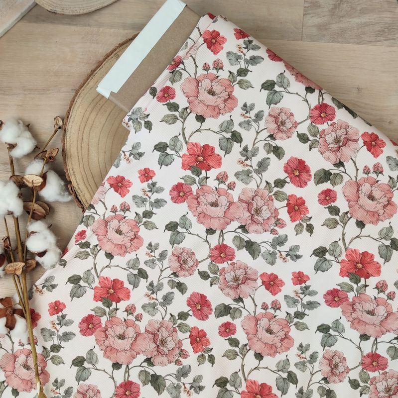 Rüschen Shirt - Rib Jersey Blumenranken Rot