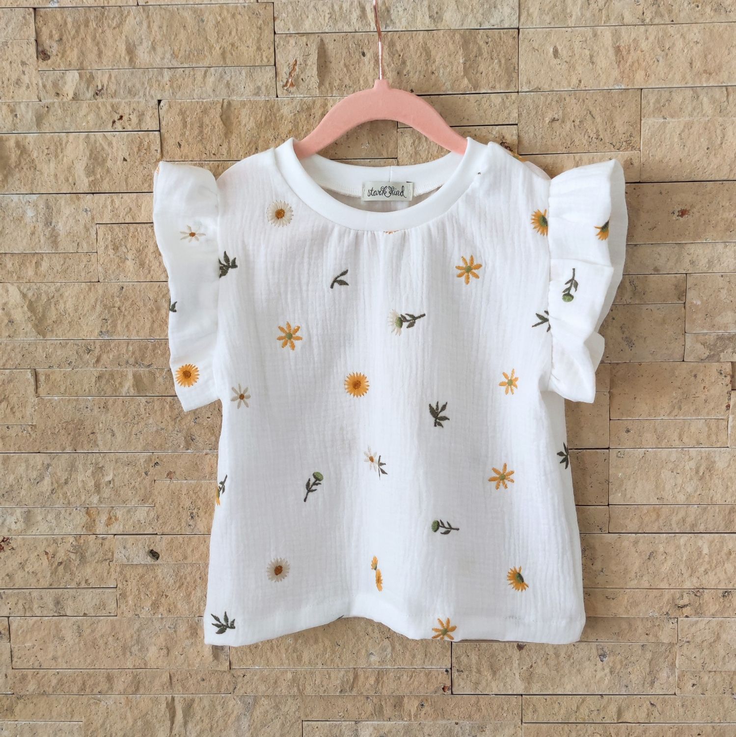Rüschen Shirt Musselin - Sonnenblumen gestickt 