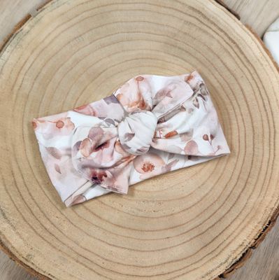 Stirnband Jersey mit Schleife - Aquarellblumen Mauve Stirnband Jersey mit Schleife - Aquarellblumen Mauve