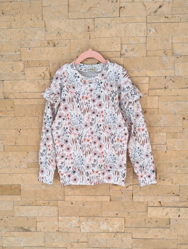 (Sofortkauf) Rib Jersey Pullover mit Volant - Aquarell Blumenwiese - Gr. 110/116