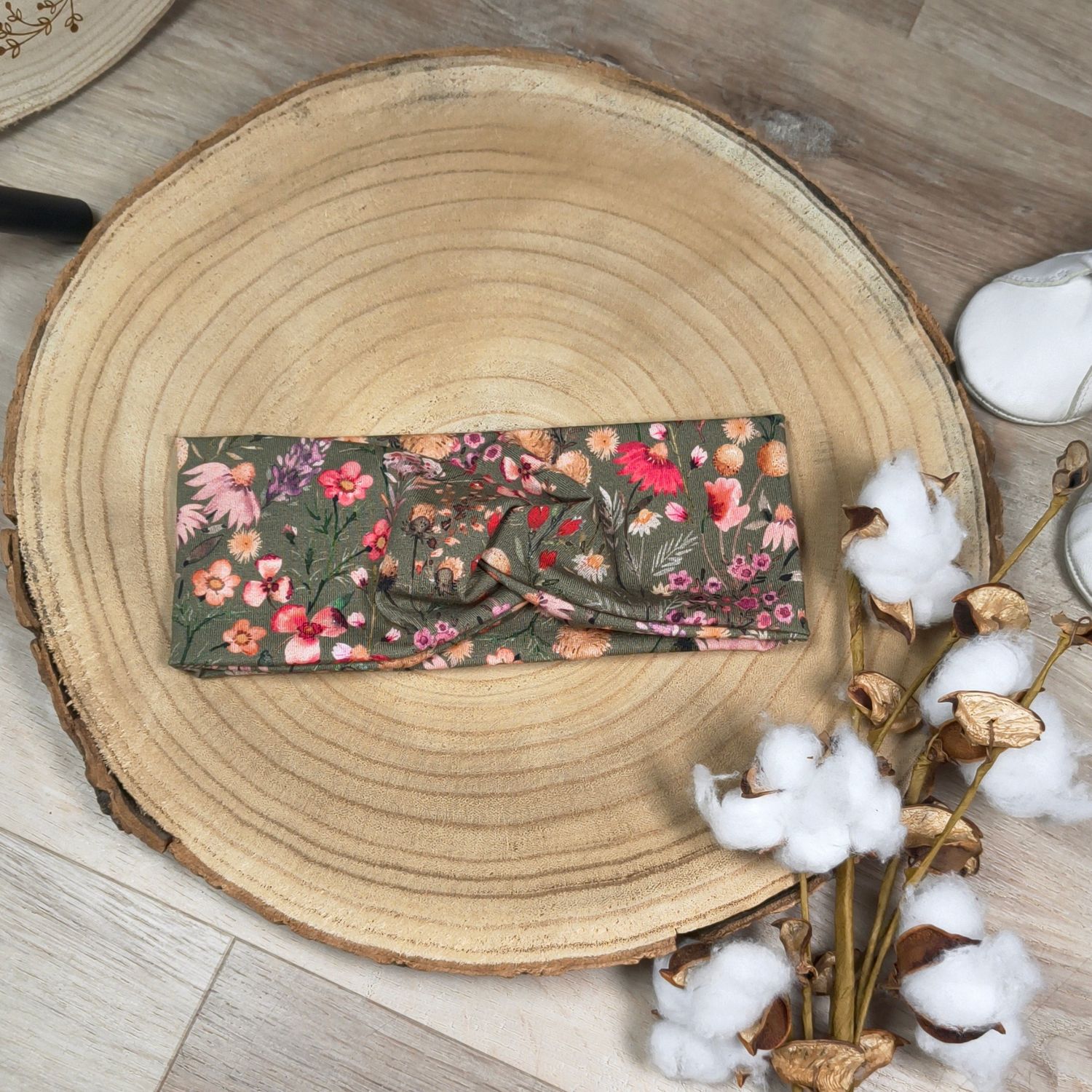 Stirnband Jersey - Blumenwiese Olivgrün 