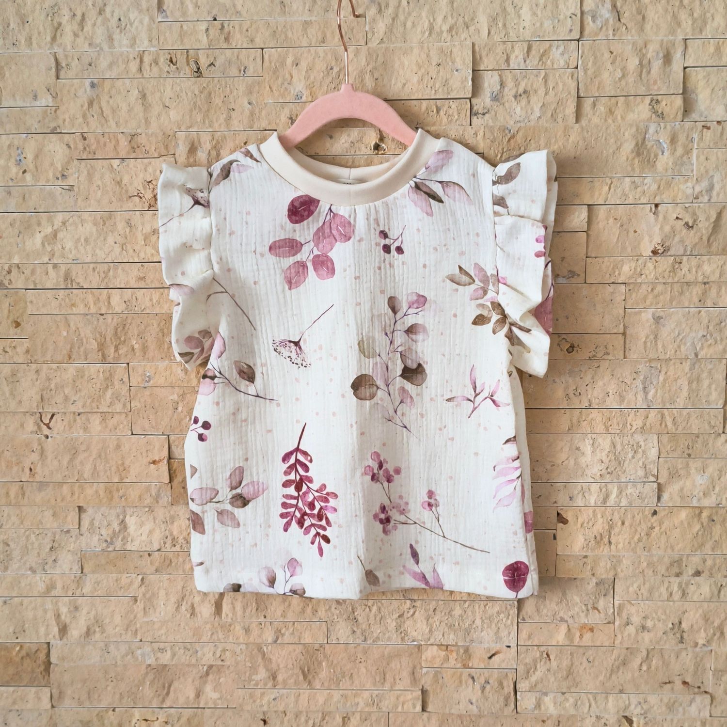 Rüschen Shirt Musselin - Creme Blätter 