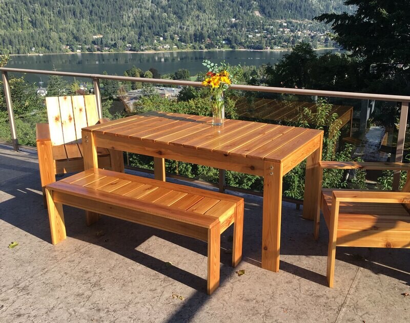 Outdoor dining set. Table chairs and bench