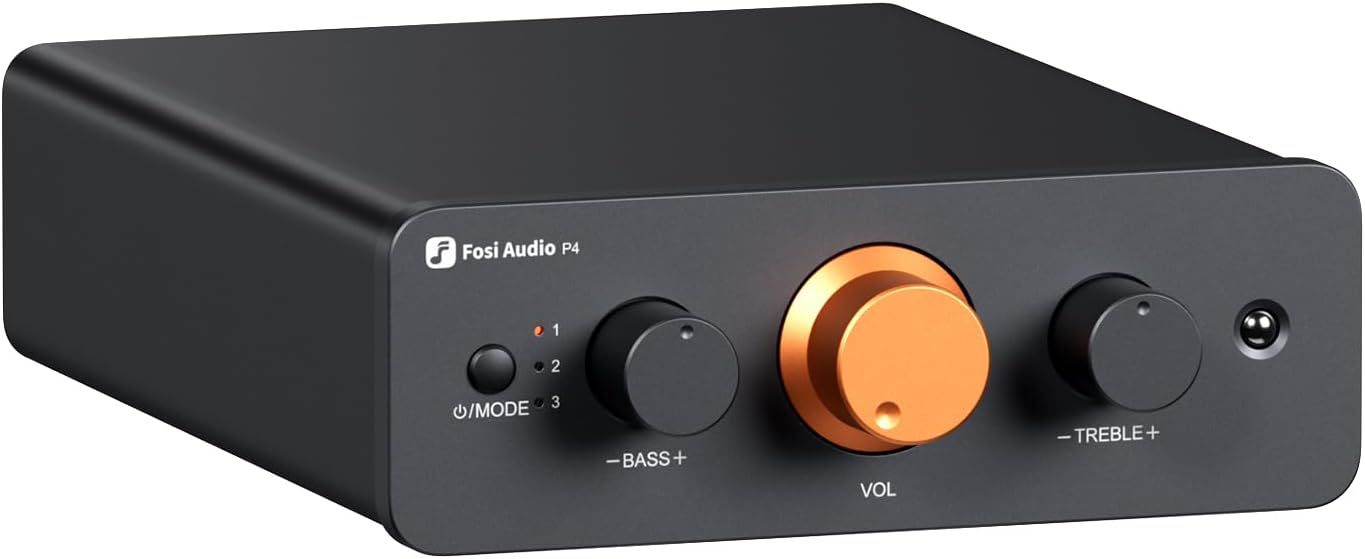 Fosi Audio P4 Mini Preamp with 3 RCA Inputs, Home Audio Stereo Pre amp for Amplifier/Active Subwoofer/Speakers