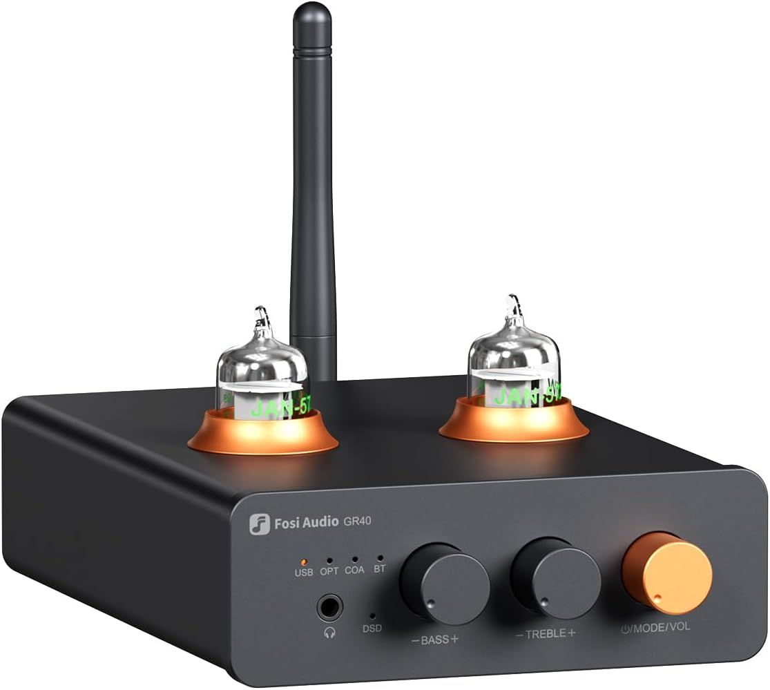 Fosi Audio GR40 Tube Preamplifier with DAC, Stereo Headphone Amplifier 3.5mm Home Audio for Active Speakers/Headphones