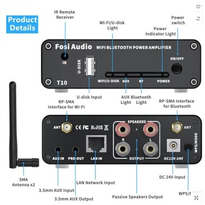 FOSI Audio T10 WiFi (Airplay, Spotify) BT 5.0 Amplifier 2.1 CH