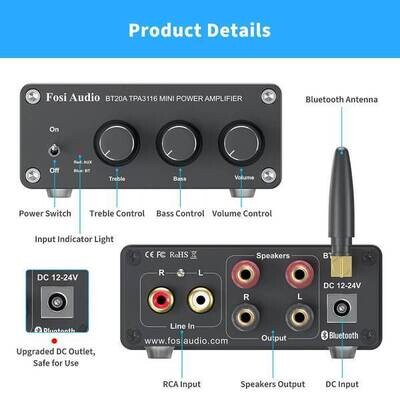 FOSI Audio BT20A Bluetooth 5.0 Stereo Audio Amp 100W x 2
