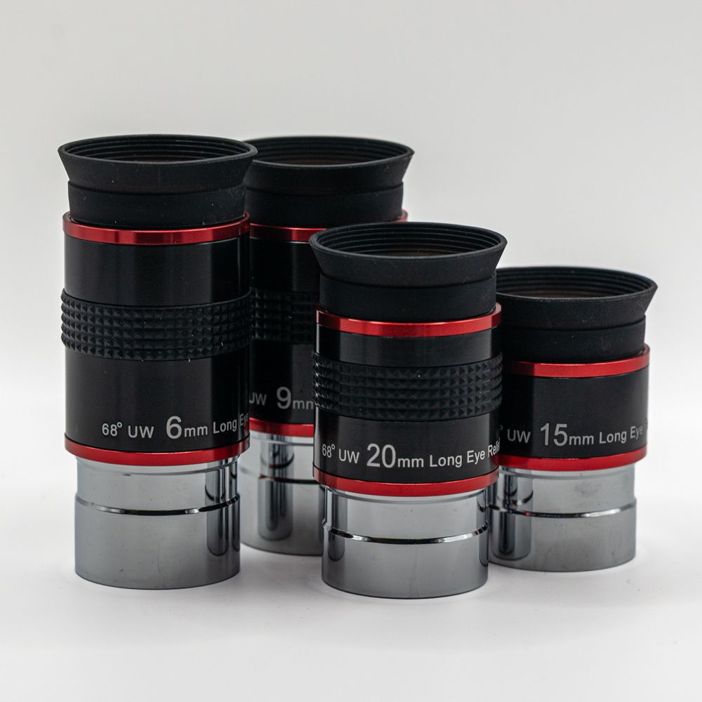 Full Set of 4, 1.25" Ultra Wide Angle 68 degrees Eyepiece at 6mm, 9mm 15mm, 20mm. Full Set of 4, 1.25" Ultra Wide Angle 68 degrees Eyepiece at 6mm, 9mm 15mm, 20mm.