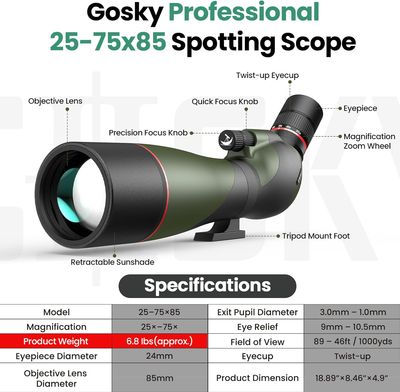 Gosky Falcon Pro 25-75x85 High Powered Spotting Scope -
