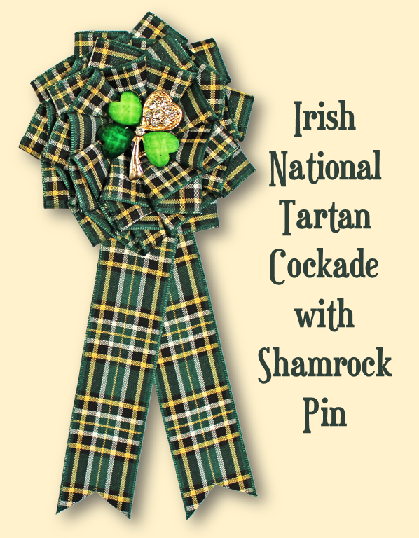 Irish National Tartan Cockade with Shamrock Pin