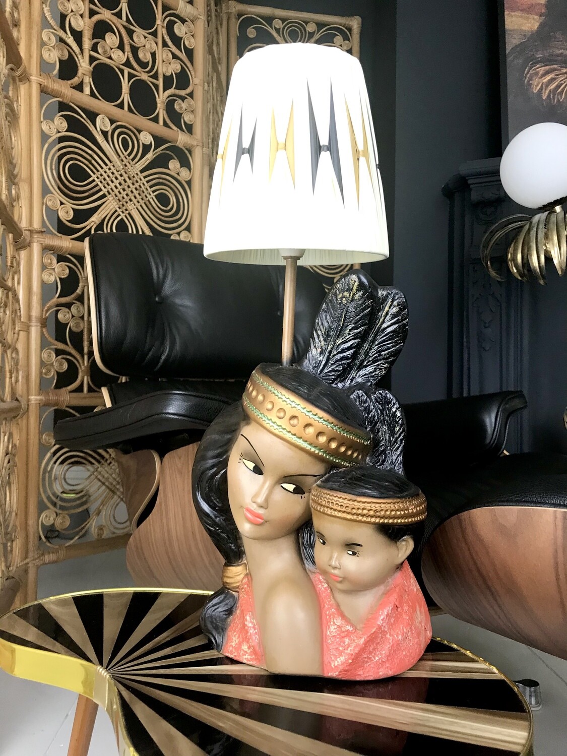 Mid Century Rare Indian Squaw Mother And Child Chalkware Lamp With Plastic  Ribbon Shade