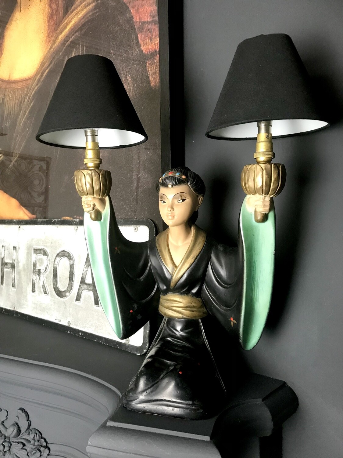 1930’s  Chalkware Seated Oriental Geisha Twin Bulb Lamp Reg No 11643712