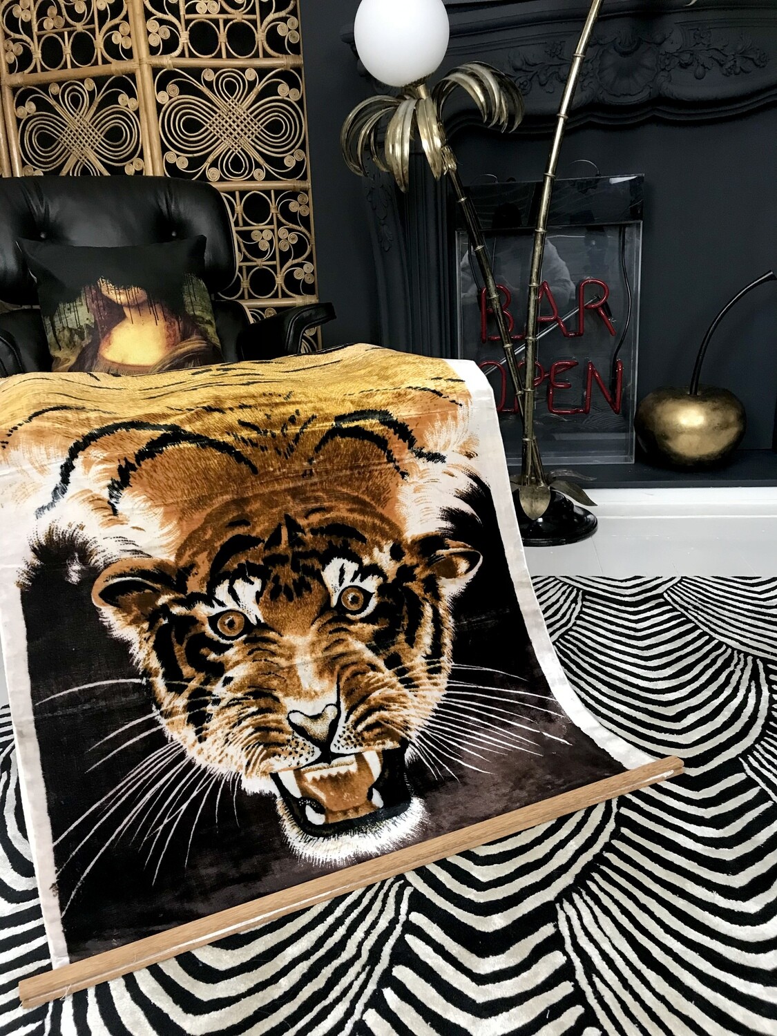 Mid Century Super  Silk Velvet Wall Hanging Bengal Tiger Fabric Panel